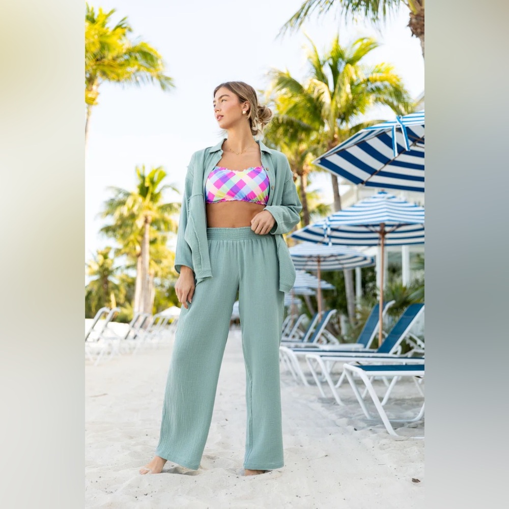 Pink Lily Mint Green Two-Piece Lounge Set with Pink Plaid Bikini Top
